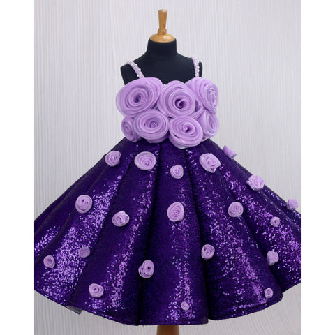 Pre-Order: Purple SEQUENCE Panel Gown Highlighted With Light Lavender 3D Rose Flowers.