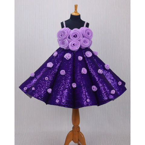 Pre-Order: Purple SEQUENCE Panel Gown Highlighted With Light Lavender 3D Rose Flowers.