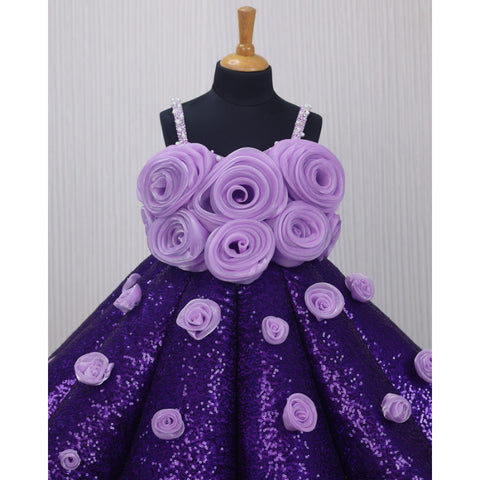 Pre-Order: Purple SEQUENCE Panel Gown Highlighted With Light Lavender 3D Rose Flowers.