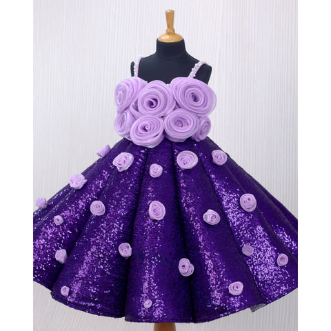 Pre-Order: Purple SEQUENCE Panel Gown Highlighted With Light Lavender 3D Rose Flowers.