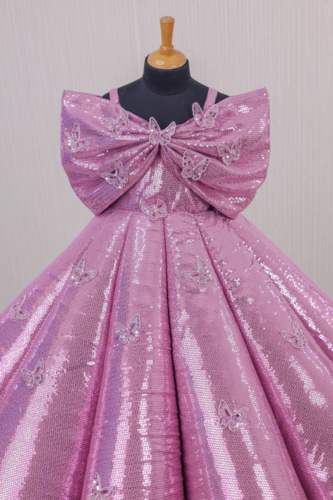 Pre-Order: Pink SEQUENCE Panel Gown Embellished with Small Butterfly Patches