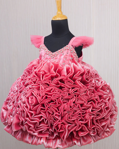 Pre-Order: Salmon Pink Shade Rosette Dress Embellished with Pearls and Stones