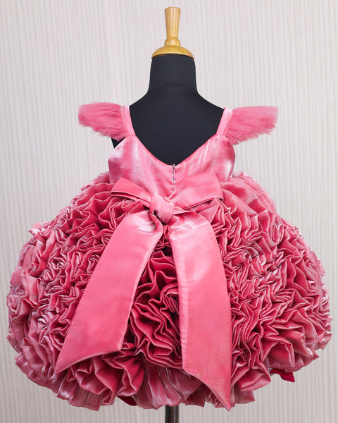 Pre-Order: Salmon Pink Shade Rosette Dress Embellished with Pearls and Stones