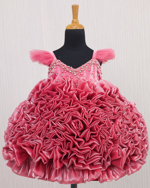Pre-Order: Salmon Pink Shade Rosette Dress Embellished with Pearls and Stones