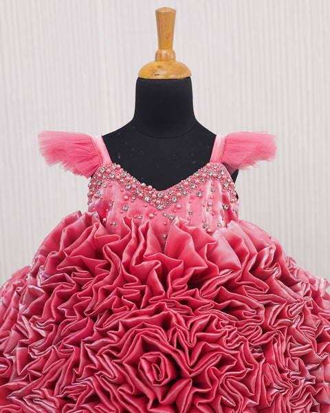 Pre-Order: Salmon Pink Shade Rosette Dress Embellished with Pearls and Stones