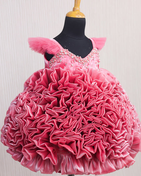 Pre-Order: Salmon Pink Shade Rosette Dress Embellished with Pearls and Stones