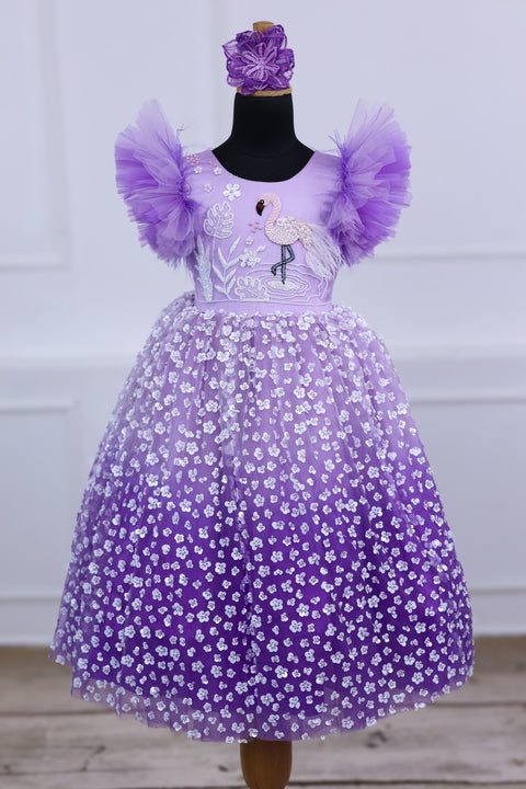 Pre-Order: Lavender  Flamingo Theme Dress Highlighted With Handwork