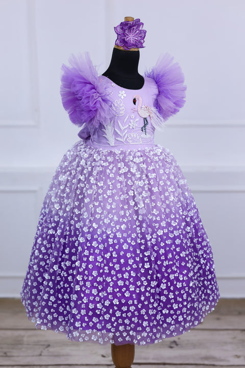 Pre-Order: Lavender  Flamingo Theme Dress Highlighted With Handwork