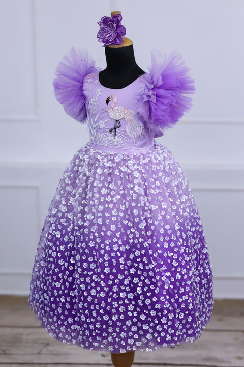 Pre-Order: Lavender  Flamingo Theme Dress Highlighted With Handwork