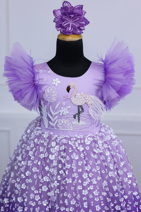 Pre-Order: Lavender  Flamingo Theme Dress Highlighted With Handwork