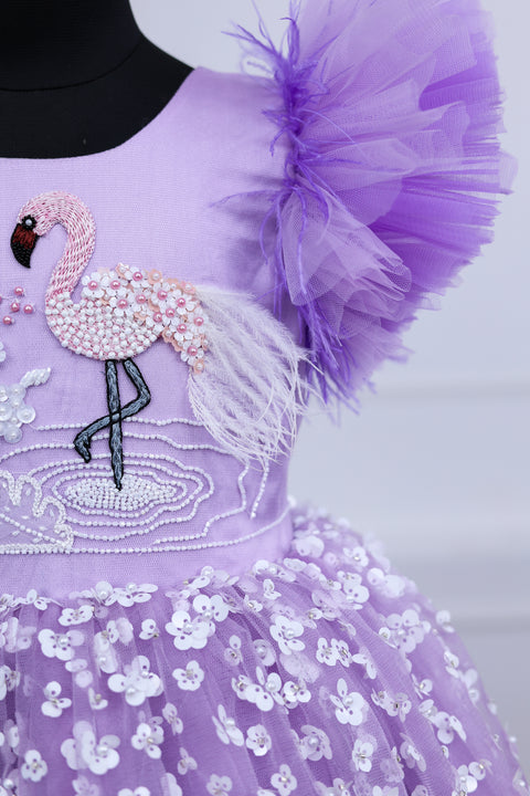 Pre-Order: Lavender  Flamingo Theme Dress Highlighted With Handwork