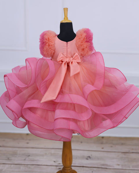 Pre-Order: Flamingo Pink and Peach Color Gradient Swirled Gown