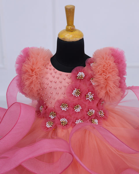 Pre-Order: Flamingo Pink and Peach Color Gradient Swirled Gown