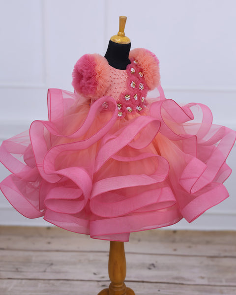 Pre-Order: Flamingo Pink and Peach Color Gradient Swirled Gown