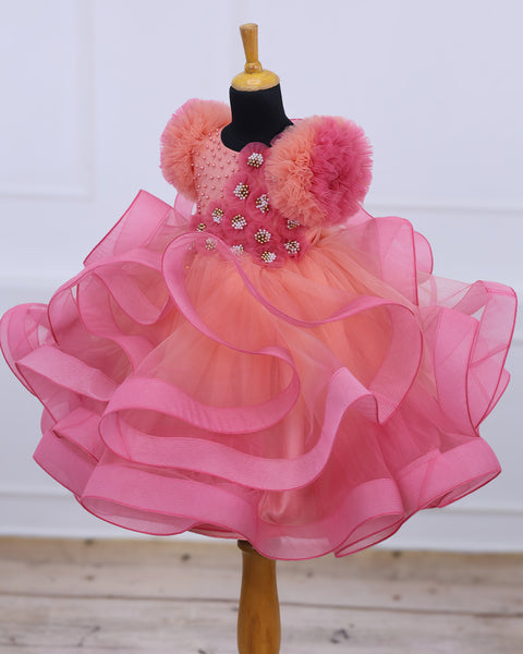 Pre-Order: Flamingo Pink and Peach Color Gradient Swirled Gown