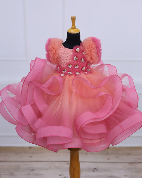 Pre-Order: Flamingo Pink and Peach Color Gradient Swirled Gown