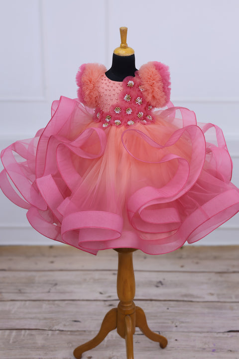 Pre-Order: Flamingo Pink and Peach Color Gradient Swirled Gown