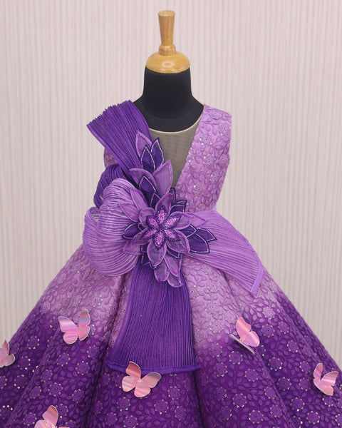 Pre-Order: Orchid and Purple Double Shaded Panel Gown with Fabric Manipulated Twirled Detachable Belt