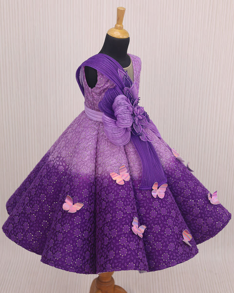 Pre-Order: Orchid and Purple Double Shaded Panel Gown with Fabric Manipulated Twirled Detachable Belt
