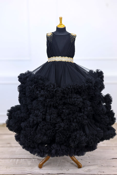 Pre-Order: Classic Black Cloudy Frilled Gown with Handcrafted Beaded Waistline