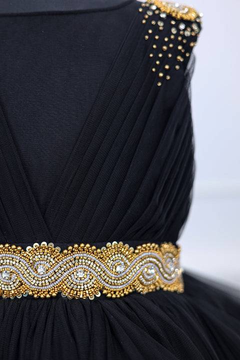 Pre-Order: Classic Black Cloudy Frilled Gown with Handcrafted Beaded Waistline