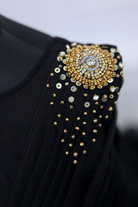 Pre-Order: Classic Black Cloudy Frilled Gown with Handcrafted Beaded Waistline
