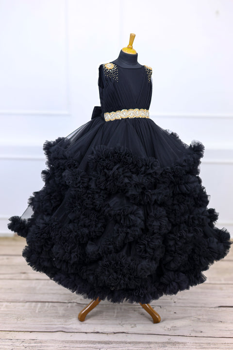 Pre-Order: Classic Black Cloudy Frilled Gown with Handcrafted Beaded Waistline