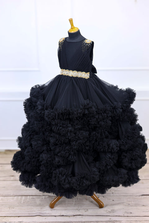 Pre-Order: Classic Black Cloudy Frilled Gown with Handcrafted Beaded Waistline