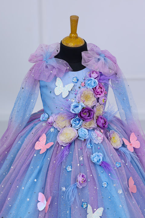 Pre-Order: Blue & Lavender Shade Ball Gown with Bow Sleeve Traillt