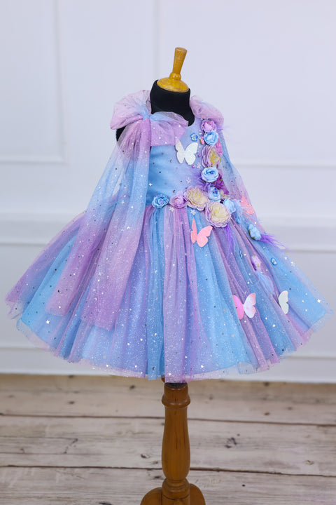 Pre-Order: Blue & Lavender Shade Ball Gown with Bow Sleeve Traillt