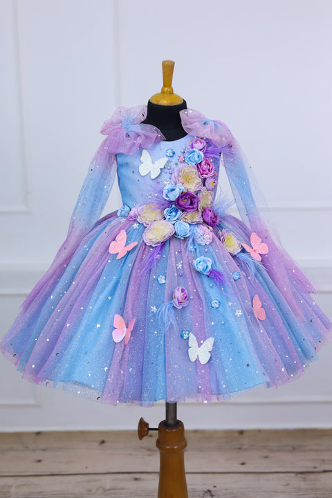 Pre-Order: Blue & Lavender Shade Ball Gown with Bow Sleeve Traillt