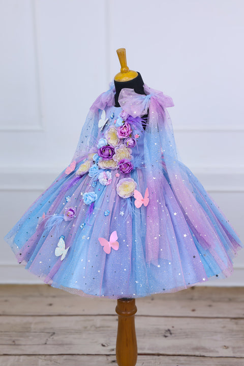 Pre-Order: Blue & Lavender Shade Ball Gown with Bow Sleeve Traillt