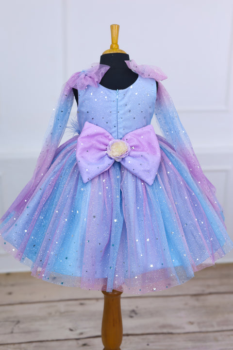 Pre-Order: Blue & Lavender Shade Ball Gown with Bow Sleeve Traillt