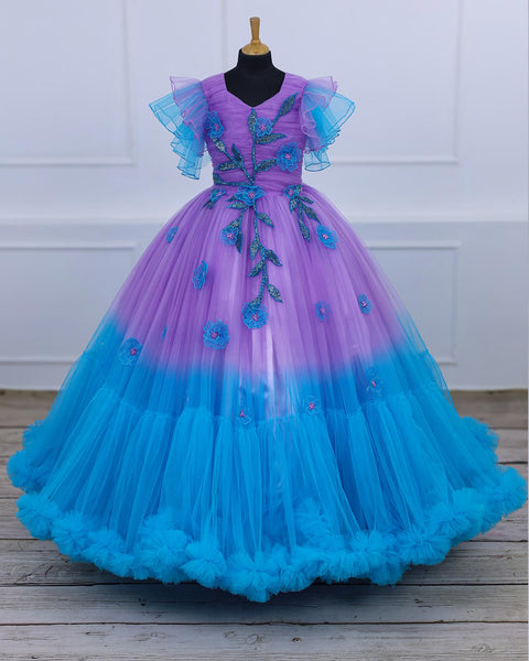 Pre-Order: Sky Blue & Lavender Colour Gradient Heavy Frill Gown with Handcrafted Embellishments & Layered Sleeves