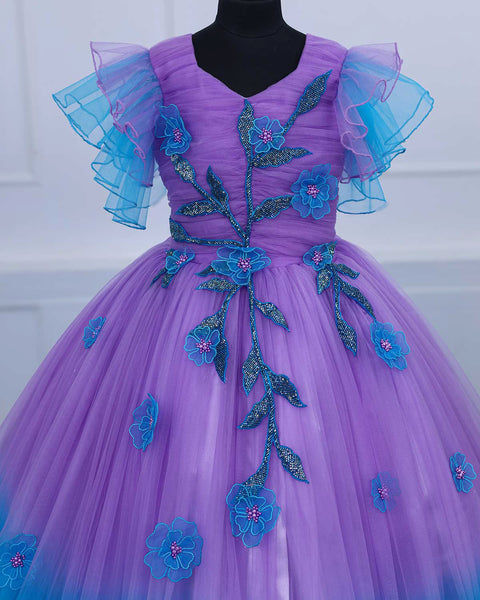 Pre-Order: Sky Blue & Lavender Colour Gradient Heavy Frill Gown with Handcrafted Embellishments & Layered Sleeves