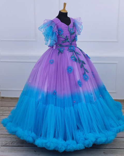 Pre-Order: Sky Blue & Lavender Colour Gradient Heavy Frill Gown with Handcrafted Embellishments & Layered Sleeves