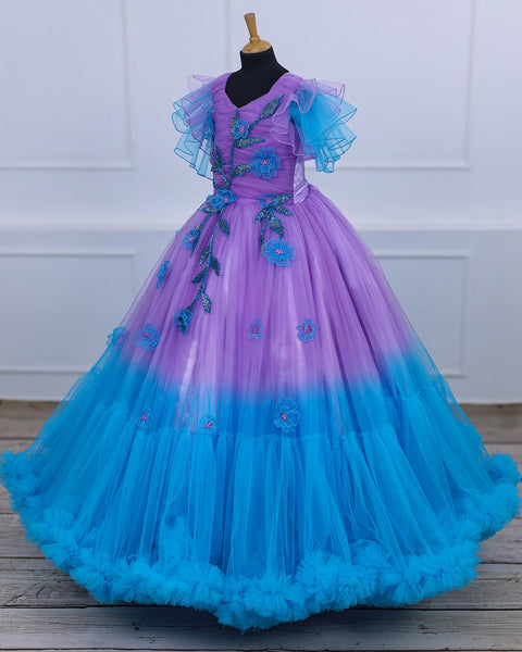 Pre-Order: Sky Blue & Lavender Colour Gradient Heavy Frill Gown with Handcrafted Embellishments & Layered Sleeves
