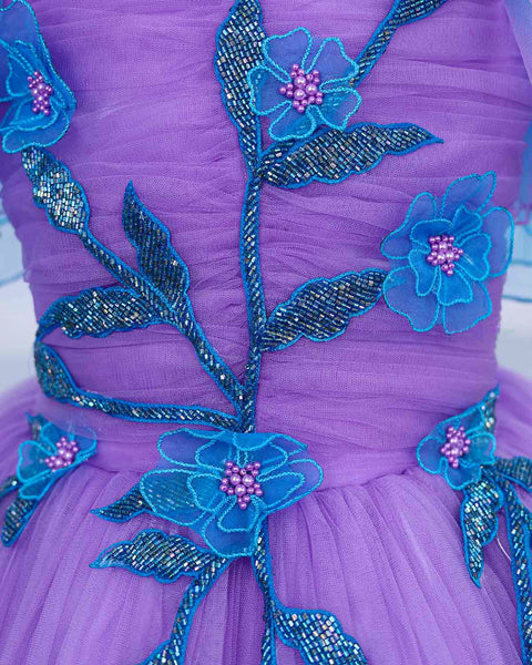 Pre-Order: Sky Blue & Lavender Colour Gradient Heavy Frill Gown with Handcrafted Embellishments & Layered Sleeves
