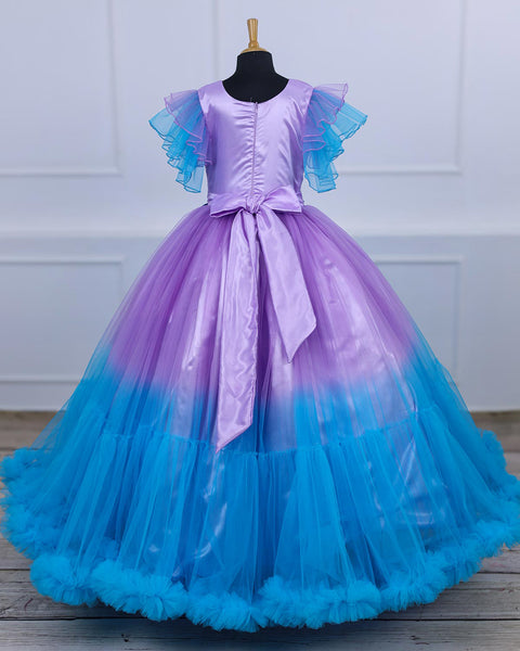 Pre-Order: Sky Blue & Lavender Colour Gradient Heavy Frill Gown with Handcrafted Embellishments & Layered Sleeves