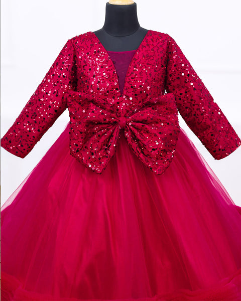 Pre-Order: Wine Red Twinkle Party Wear Frilled Frock