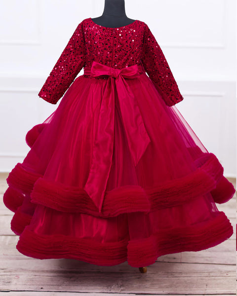 Pre-Order: Wine Red Twinkle Party Wear Frilled Frock