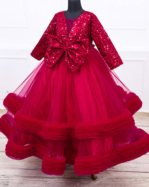 Pre-Order: Wine Red Twinkle Party Wear Frilled Frock