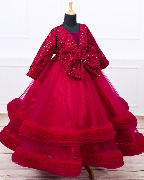 Pre-Order: Wine Red Twinkle Party Wear Frilled Frock