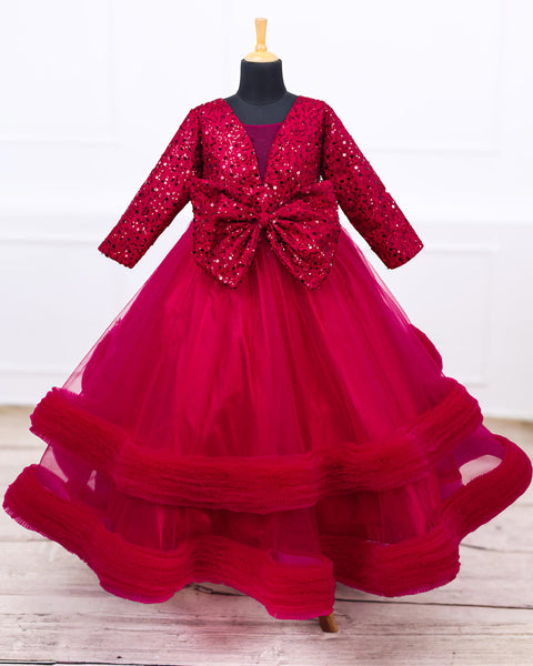 Pre-Order: Wine Red Twinkle Party Wear Frilled Frock