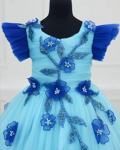 Pre-Order: Royal Blue and Sky Blue Double Shaded Gown with Handicrafted Flowers and Leaves