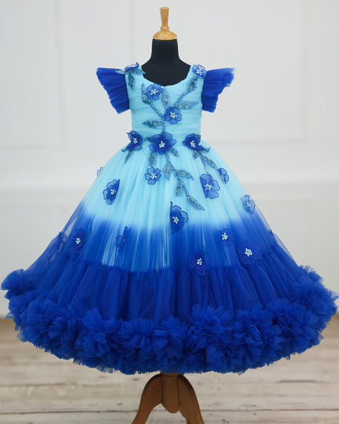 Pre-Order: Royal Blue and Sky Blue Double Shaded Gown with Handicrafted Flowers and Leaves