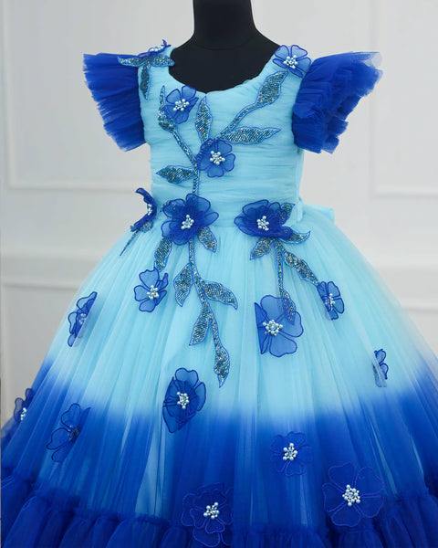 Pre-Order: Royal Blue and Sky Blue Double Shaded Gown with Handicrafted Flowers and Leaves