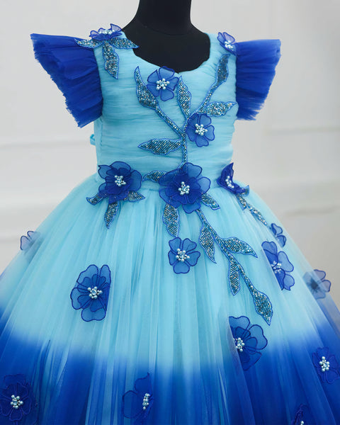 Pre-Order: Royal Blue and Sky Blue Double Shaded Gown with Handicrafted Flowers and Leaves