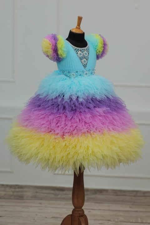 Pre-Order: Multi shade Feather Frilled Gown With Rich Golden Bead Work Gown