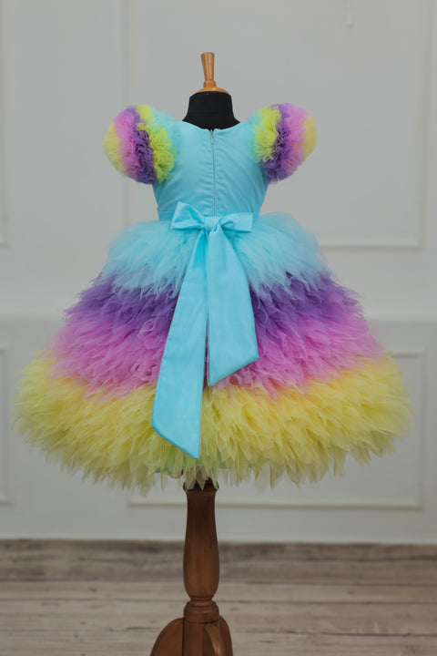 Pre-Order: Multi shade Feather Frilled Gown With Rich Golden Bead Work Gown